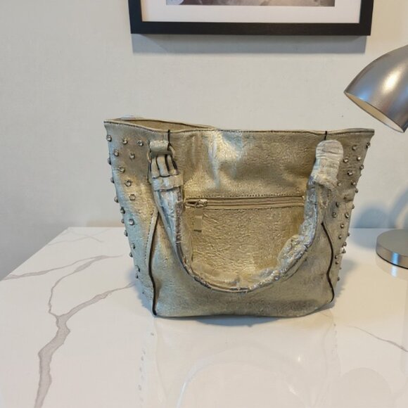 BRAND NEW W/Tags- Stylish Metallic Gold Rhinestone Studded Large Tote Bag - Picture 3 of 8